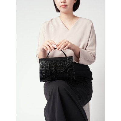 【濱野皮革工藝のバッグ】プティ・フォルムクロコUNO(ブラック×ゴールド)