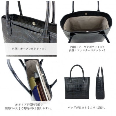 【濱野皮革工藝のクロコスクエアトート】高級素材を使ったシンプルなトートバッグです。(ネイビー)