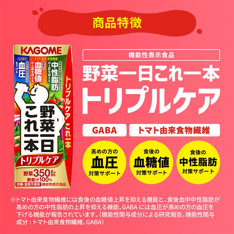 【 定期便 3ヶ月連続お届け】カゴメ 野菜一日これ一本トリプルケア 200ml×72本入 血糖値の上昇・中性脂肪・高血圧対策サポート 一日分の野菜 1日分の野菜 野菜100％ 紙パック 機能性表示食品 野菜ジュース 飲料類 ドリンク 野菜ドリンク 備蓄 長期保存 防災 無添加 砂糖不使用 食塩不使用 栄養強化剤不使用 飲みもの

