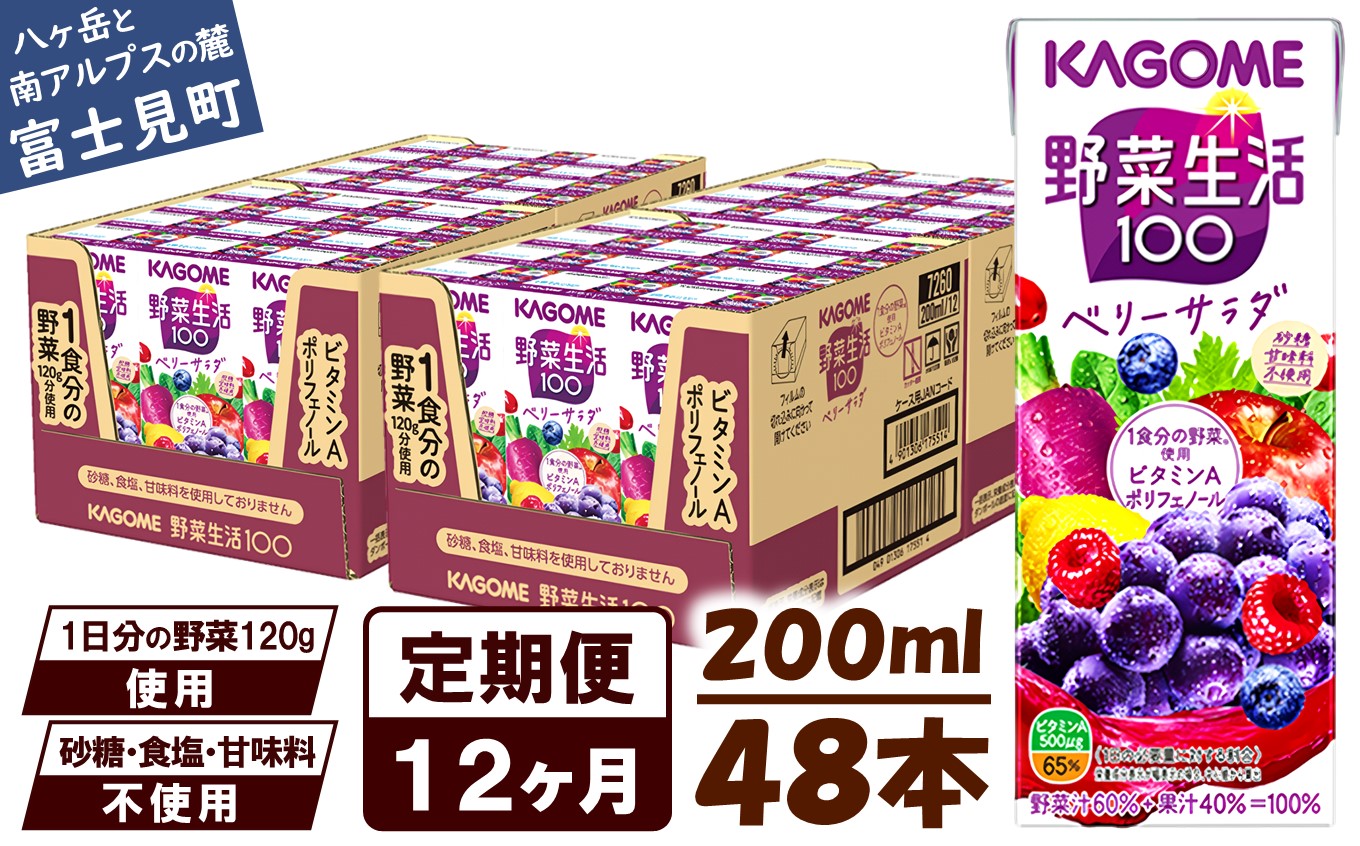 【 定期便 12ヶ月連続お届け】カゴメ 野菜生活100 ベリーサラダ 200ml×48本 ジュース 野菜 果実ミックスジュース 果汁飲料 紙パック 砂糖不使用 1食分の野菜 鉄分 ポリフェノール ビタミンA 飲料類 ドリンク 野菜ドリンク 備蓄 長期保存 防災 飲みもの
