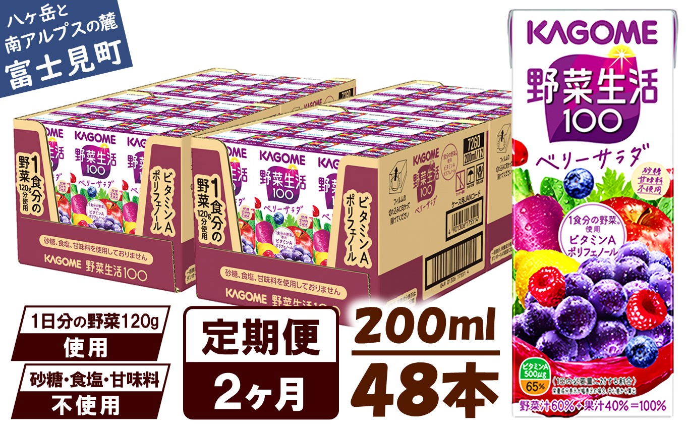【 定期便 2ヶ月連続お届け】カゴメ 野菜生活100 ベリーサラダ 200ml×48本 ジュース 野菜 果実ミックスジュース 果汁飲料 紙パック 砂糖不使用 1食分の野菜 鉄分 ポリフェノール ビタミンA 飲料類 ドリンク 野菜ドリンク 備蓄 長期保存 防災 飲みもの
