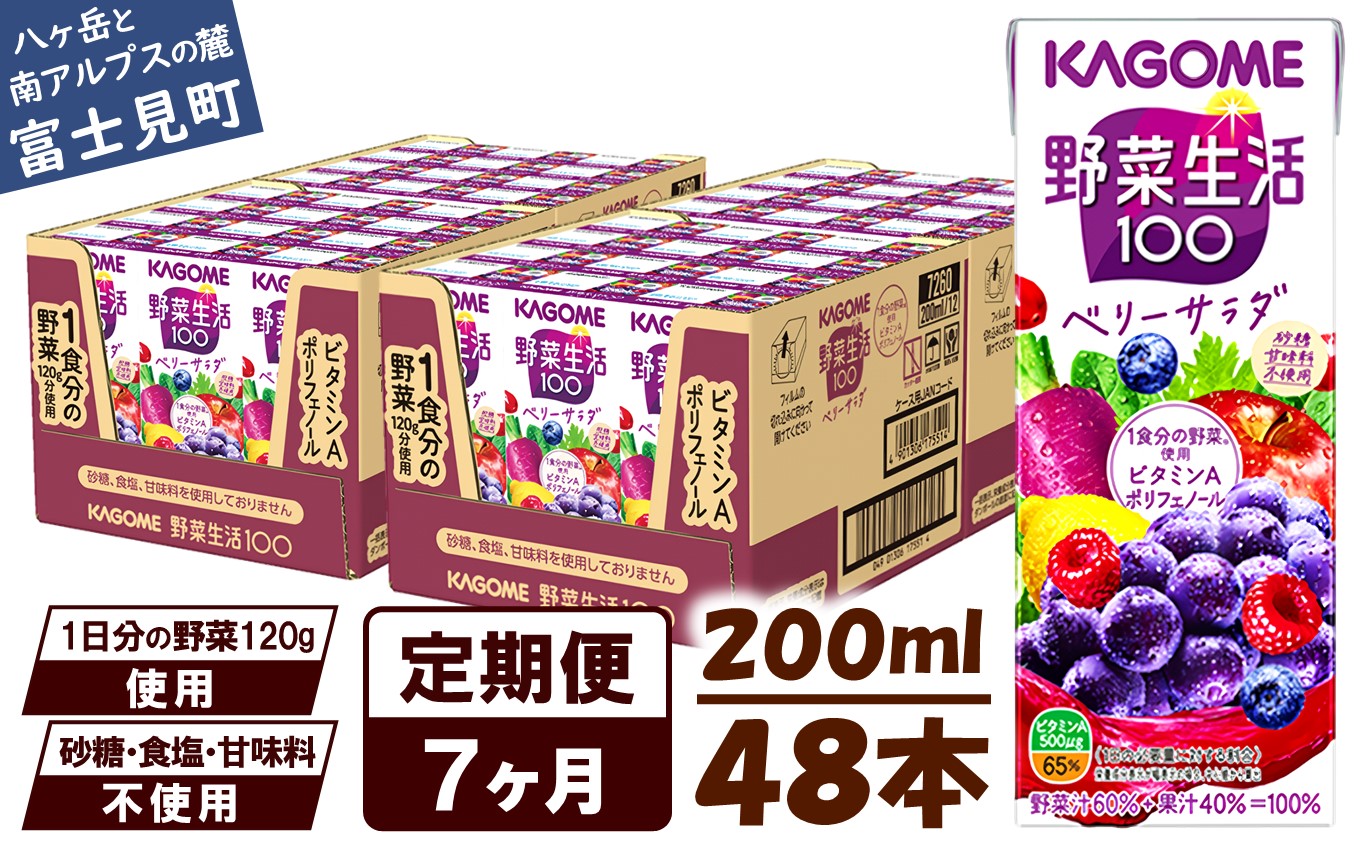 【 定期便 7ヶ月連続お届け】カゴメ 野菜生活100 ベリーサラダ 200ml×48本 ジュース 野菜 果実ミックスジュース 果汁飲料 紙パック 砂糖不使用 1食分の野菜 鉄分 ポリフェノール ビタミンA 飲料類 ドリンク 野菜ドリンク 備蓄 長期保存 防災 飲みもの
