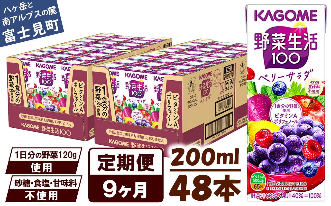 【 定期便 9ヶ月連続お届け】カゴメ 野菜生活100 ベリーサラダ 200ml×48本 ジュース 野菜 果実ミックスジュース 果汁飲料 紙パック 砂糖不使用 1食分の野菜 鉄分 ポリフェノール ビタミンA 飲料類 ドリンク 野菜ドリンク 備蓄 長期保存 防災 飲みもの
