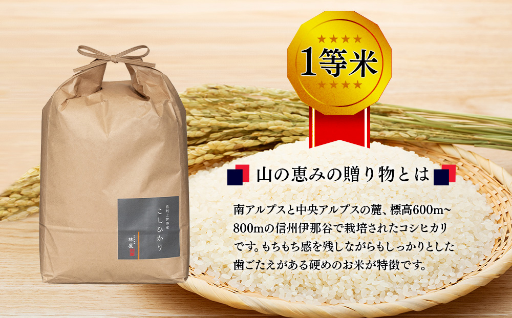 【令和7年産】３ヶ月連続お届け 定期便 信州産 コシヒカリ 1等米 「山の恵みの贈り物」 5kg 計15kg （ お米 コシヒカリ 白米 搗きたて米 低温貯蔵米 食品 ) 長野県　箕輪町