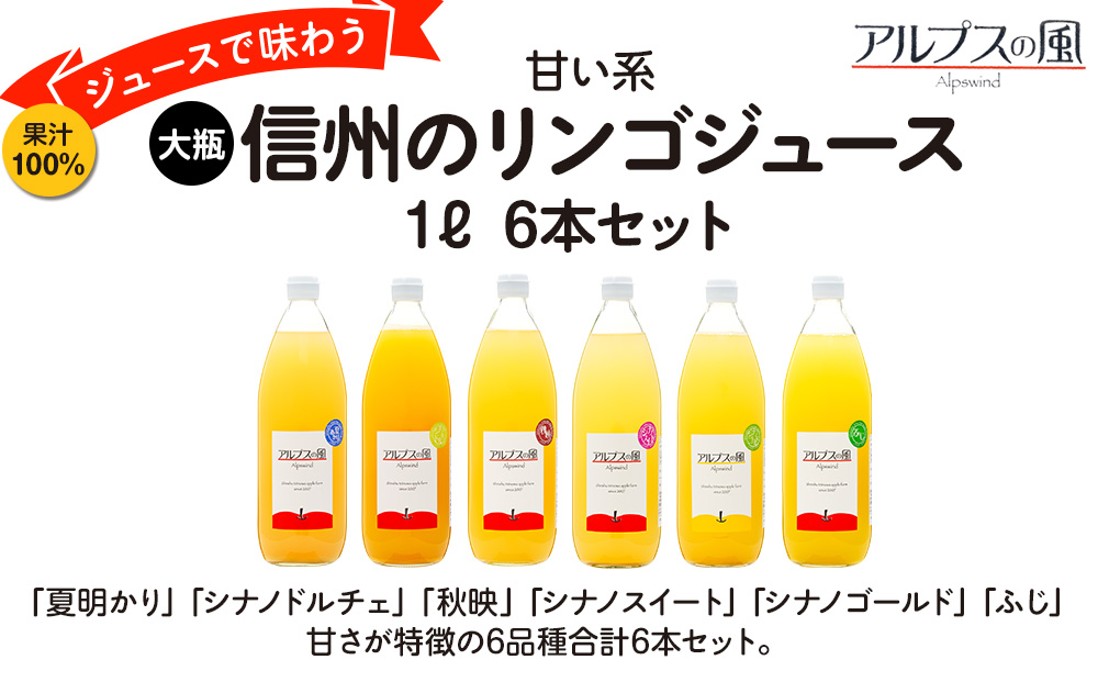 果汁100％ジュースで味わう 信州のリンゴ 甘い系 大瓶 6本 セット 詰め合わせ ジュース りんごジュース リンゴジュース アップルジュース フルーツジュース 果実飲料 飲み物 ドリンク 飲料 信州 長野 長野県