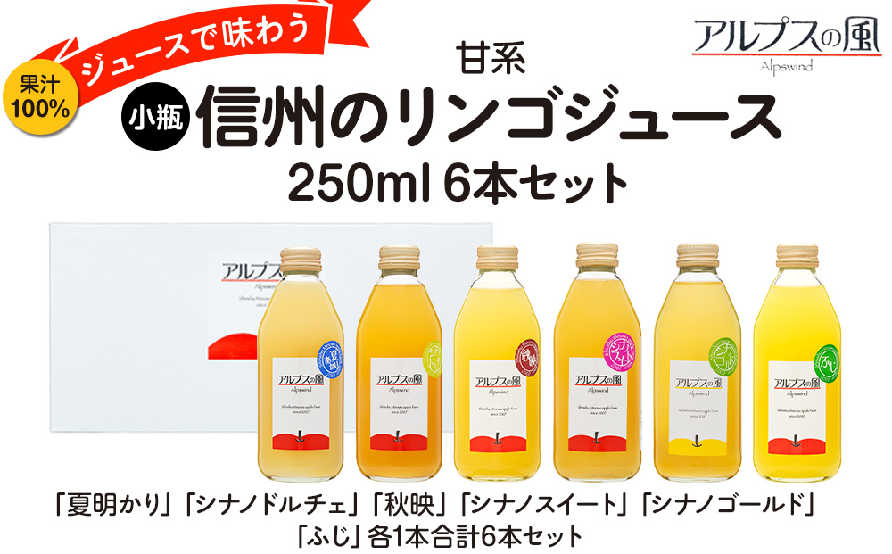 果汁100％ジュースで味わう 信州のりんご 甘系 小瓶 6本 セット 250ml 6本 セット 詰め合わせ りんごジュース 林檎ジュース ミックスジュース 信州りんご 信州りんごジュース りんご100 100％ジュース 果汁飲料 飲料 飲み物 長野 長野県 箕輪町