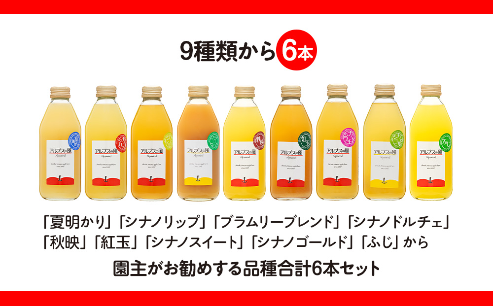 果汁100％ジュースで味わう 品種別 リンゴジュース 園主お任せ 小瓶 6本 セット 詰め合わせ 園主お勧め りんご 林檎 アップル アップルジュース にんじん ミックスジュース 無添加 飲料 飲料類 甘い 豊饒な香り 酸味爽やか 濃厚 長野 長野県
