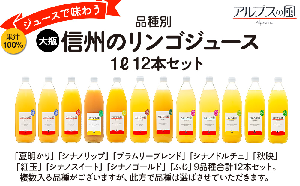 果汁100％ジュースで味わう 品種別リンゴジュース 大瓶 12本 セット 詰め合わせ ジュース りんごジュース ミックスジュース リンゴジュース アップルジュース フルーツジュース 果実飲料 飲み物 ドリンク 飲料 信州 長野 長野県