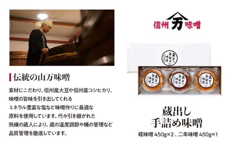 味噌 蔵出し 手詰め味噌 450g 3個 セット 詰め合わせ 糀味噌 二年味噌 みそ ミソ 山万味噌 山万 調味料 信州 長野 長野県