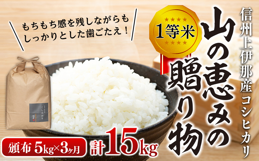 【令和7年産】３ヶ月連続お届け 定期便 信州産 コシヒカリ 1等米 「山の恵みの贈り物」 5kg 計15kg （ お米 コシヒカリ 白米 搗きたて米 低温貯蔵米 食品 ) 長野県　箕輪町