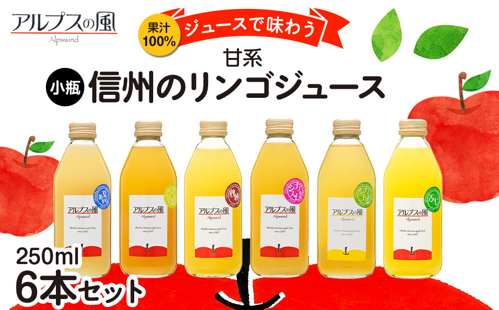 果汁100％ジュースで味わう 信州のりんご 甘系 小瓶 6本 セット 250ml 6本 セット 詰め合わせ りんごジュース 林檎ジュース ミックスジュース 信州りんご 信州りんごジュース りんご100 100％ジュース 果汁飲料 飲料 飲み物 長野 長野県 箕輪町