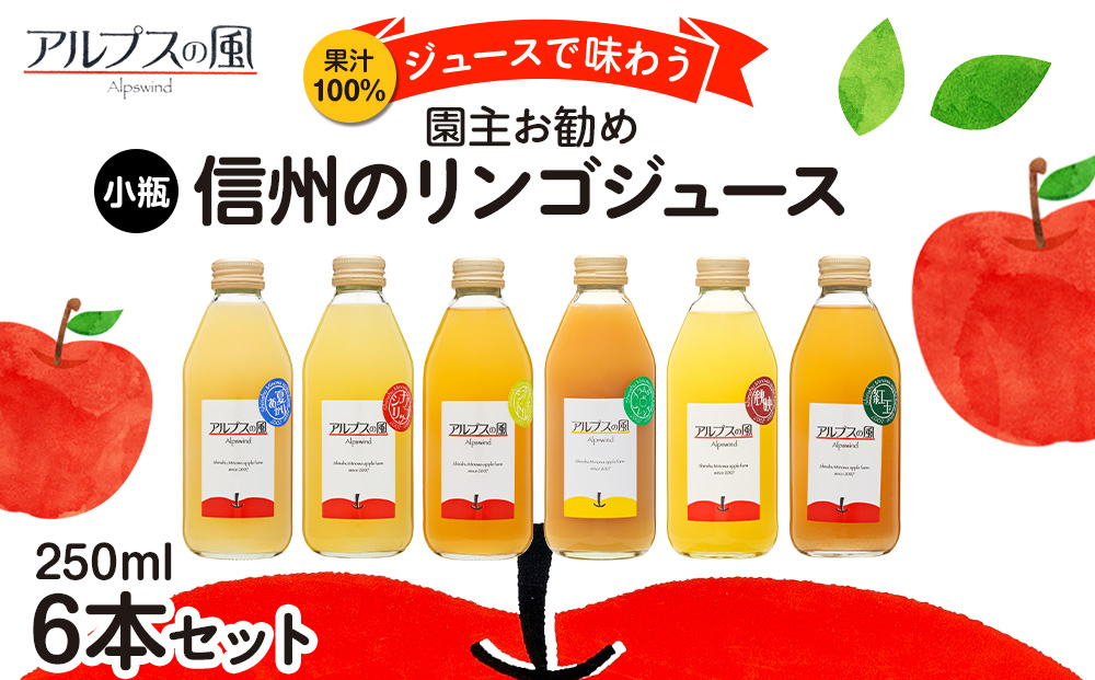 果汁100％ジュースで味わう 品種別 リンゴジュース 園主お任せ 小瓶 6本 セット 詰め合わせ 園主お勧め りんご 林檎 アップル アップルジュース にんじん ミックスジュース 無添加 飲料 飲料類 甘い 豊饒な香り 酸味爽やか 濃厚 長野 長野県