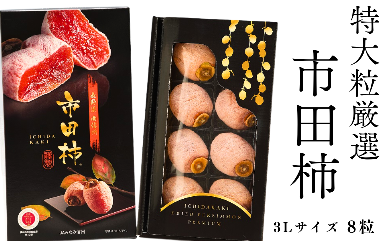 JA40-25A 干柿 市田柿 化粧箱 大粒厳選8粒（最高サイズ 3L） ／2026年1月中旬頃～配送 ｜長野県 南信州 大粒 特大 厳選 3Lサイズ 高糖度 高品質 ドライフルーツ
