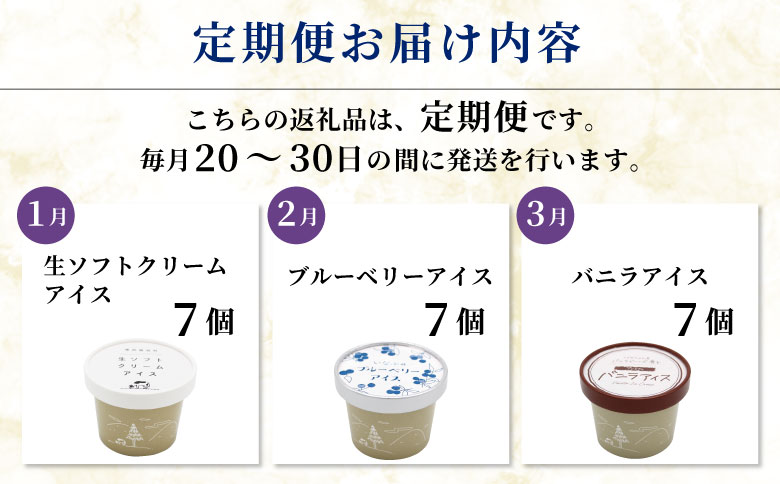 全3回★3種類のアイス定期便☆2026年1月発送～ 南信州根羽村産アイス が毎月7個届く！ 合計21個 アイス アイスクリーム 定期便 生ソフトクリームアイス バニラアイス ブルーベリー 果物 ジャム 長野県 根羽村 ソフトクリーム スイーツ 15000円 15,000円