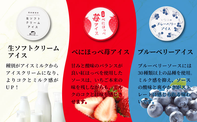 ３種類のアソートA　８個セット 生ソフトクリームアイス 紅ほっぺ いちごアイス 80ml 100ml 生乳 牛乳 ミルク スイーツ アイスクリーム 信州 搾りたて アイス イチゴ ブルーベリー 6000円