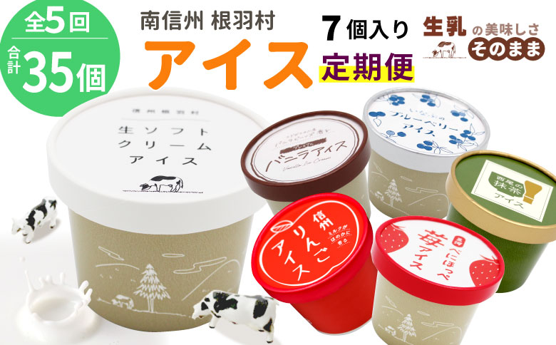 全5回★フレーバーアイス定期便☆ 南信州根羽村産アイス が毎月7個届く！ 合計35個 アイスクリーム ソフトクリーム バニラ 西尾 いちご 紅ほっぺ いちご りんご ブルーベリー 抹茶 ミルク 25000円 25,000円