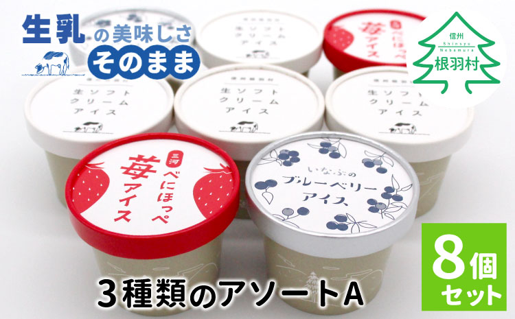 ３種類のアソートA　８個セット 生ソフトクリームアイス 紅ほっぺ いちごアイス 80ml 100ml 生乳 牛乳 ミルク スイーツ アイスクリーム 信州 搾りたて アイス イチゴ ブルーベリー 6000円
