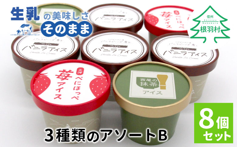 3種類のアソートB　 8個セット 5000円　バニラアイスクリーム　紅ほっぺ　西尾の抹茶　いちご　アイスクリーム　ソフトクリーム　スイーツ　デザート