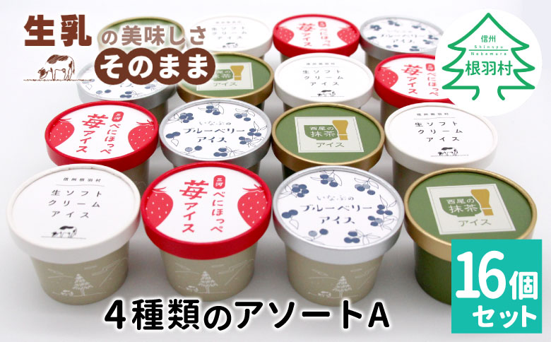 4種類のアソート A　16個入り アイスクリーム アイス 生ソフト ブルーベリー 稲武 紅ほっぺ 苺 いちご 紅ほっぺいちご 西尾抹茶 抹茶 牛乳 アイス ミルク 10000円 10,000円