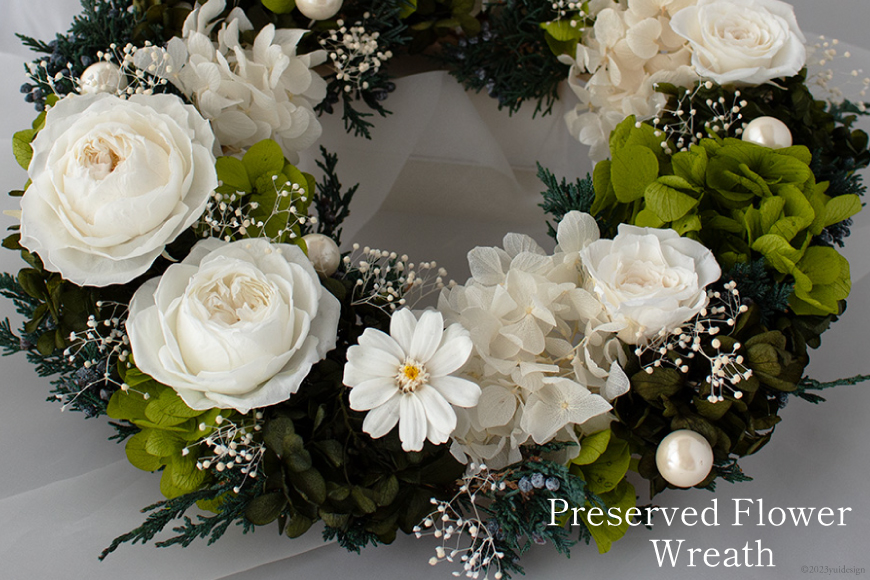 プリザーブドフラワー リース (L) ホワイト×グリーン【専用ボックス入り】 [mirccamircca 長野県 池田町 48110591] リース 花 フラワー アレンジメント インテリア 雑貨