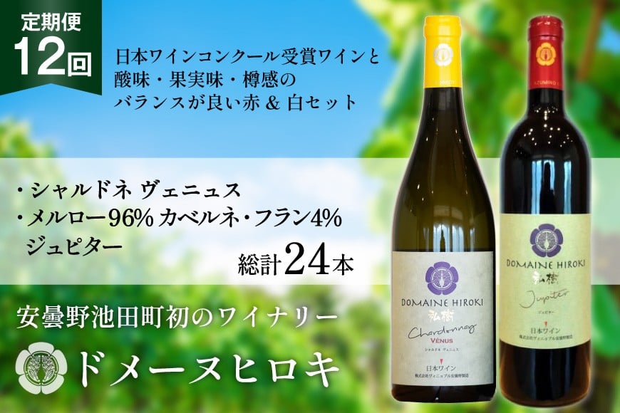 ワイン 定期便 12回 赤 ジュピターとシャルドネヴェニュス 各750ml計2本×12回 総計24本 [ヴィニョブル安曇野 長野県 池田町 48110821] 赤ワイン 白ワイン 飲み比べ ドメーヌヒロキ