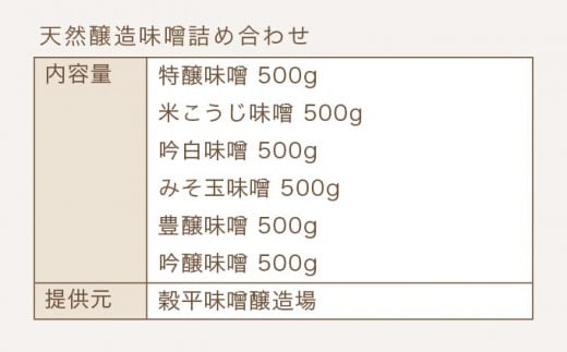 天然醸造味噌6種詰め合わせ  各500g 計3kg (特醸味噌 米こうじ味噌 吟白味噌 みそ玉味噌 豊醸味噌 吟醸味噌)［穀平味噌醸造場］無添加味噌 国産 発酵食品 信州みそ 信州味噌 健康食 詰合せ 贈答 贈物 ギフト お取り寄せ 長野県 ［A-281］
