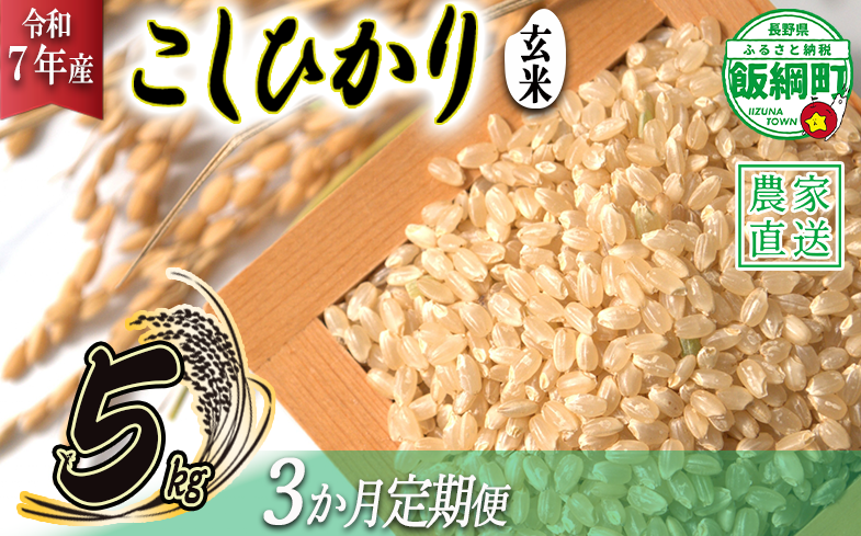 米 こしひかり ( 玄米 ) 5kg × 3回 【 3か月 定期便 】( 令和7年産 ) 沖縄県への配送不可 2025年10月上旬頃から順次発送予定 米澤商店 コシヒカリ 玄米 長野県 飯綱町 [1353]
