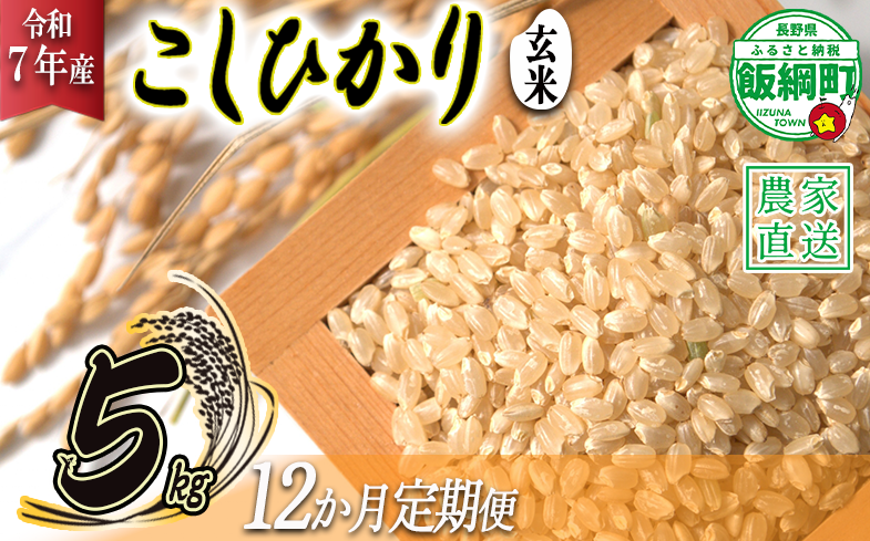 米 こしひかり ( 玄米 ) 5kg × 12回 【 12か月 定期便 】( 令和7年産 ) 沖縄県への配送不可 2025年10月上旬頃から順次発送予定 米澤商店 コシヒカリ 玄米 長野県 飯綱町 [1355]