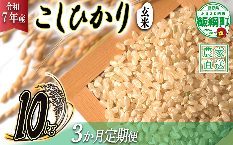 米 こしひかり ( 玄米 ) 10kg × 3回 【 3か月 定期便 】( 令和7年産 ) 2025年10月上旬頃から順次発送予定 米澤商店 コシヒカリ 玄米 長野県 飯綱町 [1357]