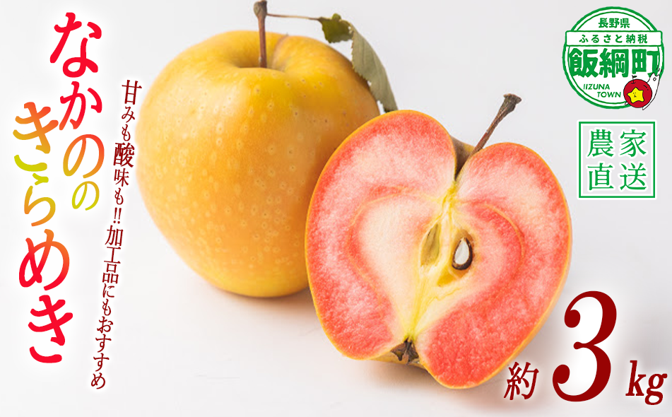 りんご なかののきらめき 3kg やまじゅうファーム 沖縄県への配送不可 2025年11月下旬頃から2025年12月中旬頃まで順次発送予定 令和7年度収穫分 信州の環境にやさしい農産物 減農薬栽培 長野県 飯綱町 [1540]