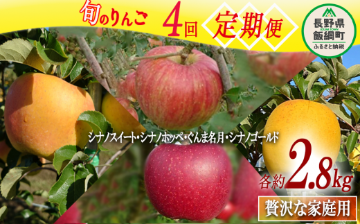 旬のりんご 【 定期便 】 贅沢な 家庭用  2.8kg × 4回 信州りんご☆小山園☆ 沖縄県への配送不可 令和6年度収穫分 エコファーマー認定 小山園 長野県 飯綱町 2024年10月中旬頃から2024年12月上旬頃までお申込み順に発送予定 [1795]