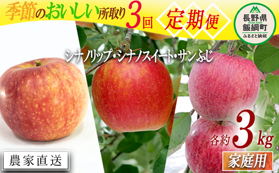 季節のおいしい所取りりんご 【 定期便 】 家庭用 3kg × 3回 大友農場 エコファーマー認定 沖縄県への配送不可 2025年8月中旬頃から2025年12月下旬頃まで順次発送予定 令和7年度収穫分 信州 果物 フルーツ リンゴ 林檎 長野 予約 農家直送 長野県 飯綱町 [1839]