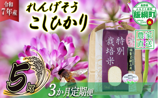 米 れんげそう こしひかり 5kg × 3回 【3ヶ月定期便】 ( 令和7年産 ) 特別栽培米 仲俣農園 2025年10月上旬頃から順次発送予定 コシヒカリ 白米 精米 お米 信州 79500円 予約 農家直送 長野県 飯綱町 [1626]