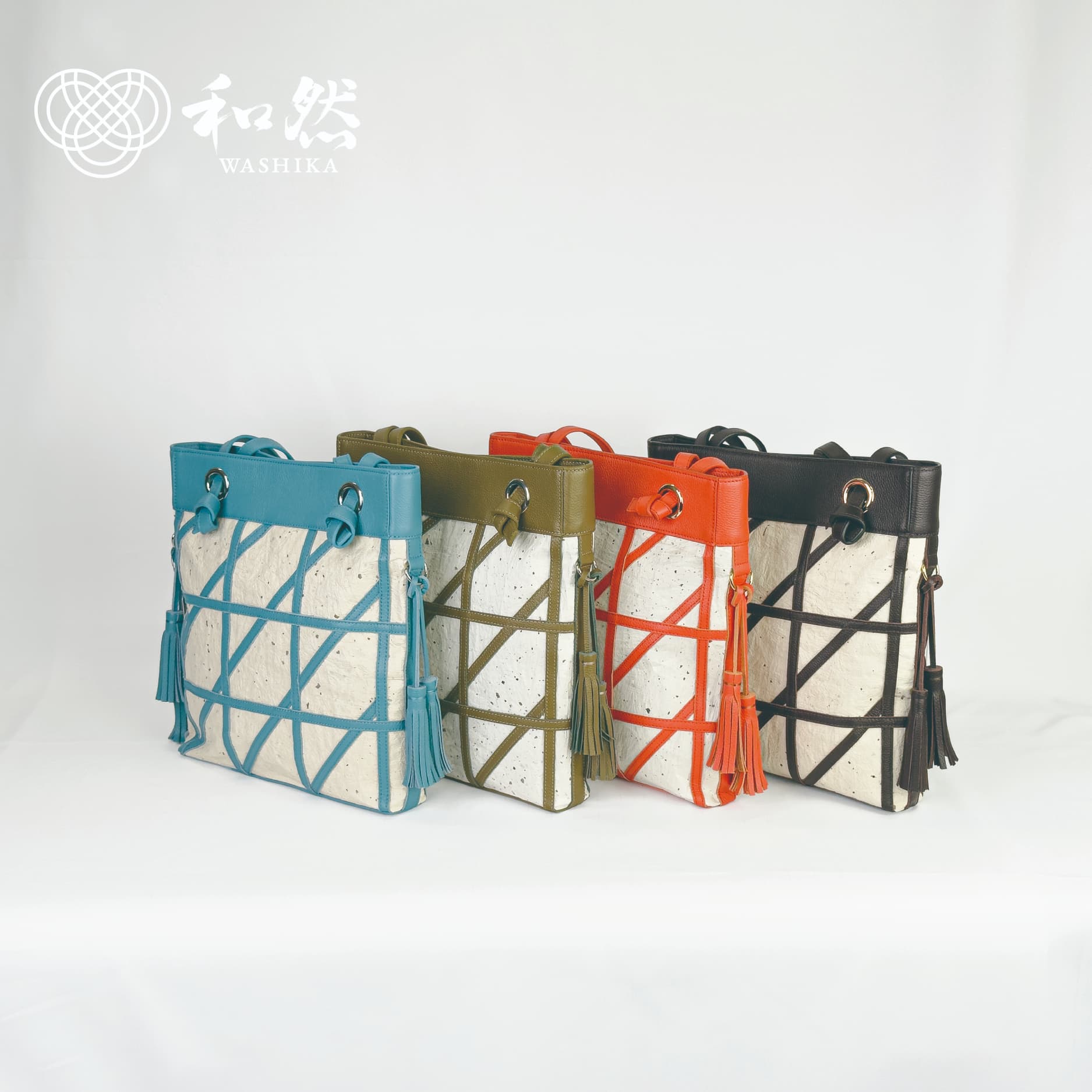 【和然WASHIKA】幾何学模様ショルダーバッグ 美濃の手漉き和紙× 本革 カラー：オレンジ オレンジ