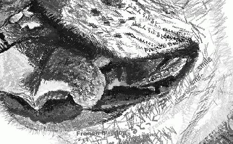 文字だけを使った絵画「文字ベースアート (MojiBa)」フレンチブルドッグ A3サイズ（カラー）