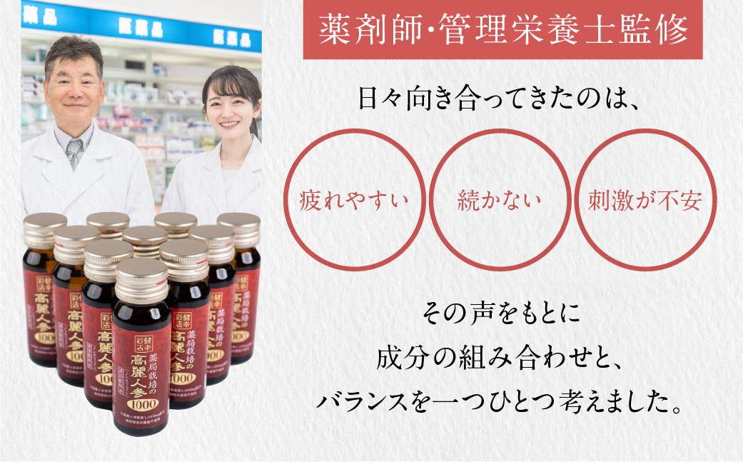 薬局栽培 高麗人参1000mg 50本 ドリンク 栄養ドリンク 高麗人参エキス マカエキス ローヤルゼリーエキス 亜鉛 スッポンエキス L-アルギニン ビタミンＢ群 ノンカフェイン 農薬不使用 マカ ローヤルゼリー 54000円 5万4千円 アポクリート 岐阜県 大垣市 50本