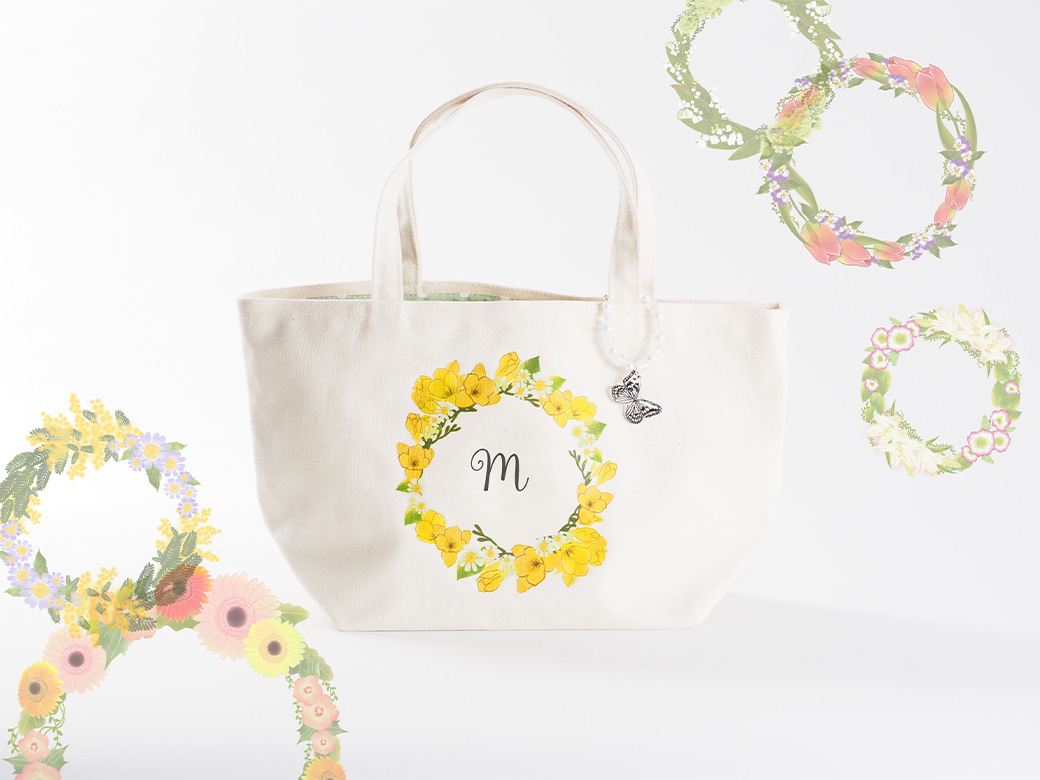 【名入れオーダー】ハナリエ　誕生花とともに心に刻むトートバッグ　チャーム付き
