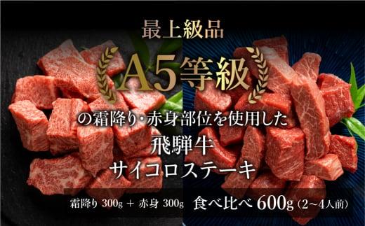 A5等級 飛騨牛 サイコロステーキ 霜降り・赤身肉 食べ比べ 600g（各300g）| A5 焼肉 ステーキ ブランド牛 黒毛和牛 和牛 牛肉 牝牛 バーベキュー キャンプ 部位おまかせ 贈答 熨斗 のし プレゼント 日付指定不可 飛騨高山 天狗総本店 BP003