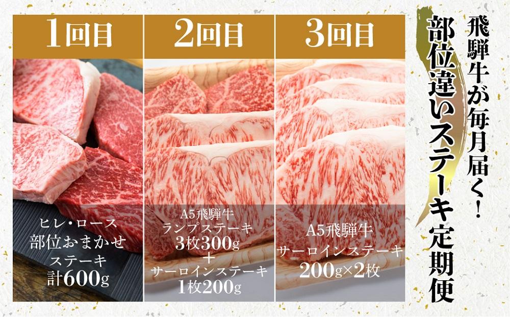 【定期便 3ヶ月】＜全3回＞ A5飛騨牛 ステーキ（ヒレ／ロース／ランプ／サーロイン）| 定期便 肉 牛肉 飛騨牛 和牛 黒毛和牛 ブランド牛 ステーキ ヒレ サーロイン ロース ランプ 飛騨高山 肉の匠家 BV103
