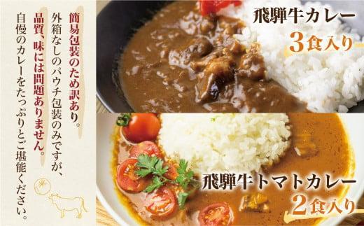 【3ヶ月以内発送】飛騨牛カレー (3袋) 飛騨牛トマトカレー (2袋)  計5食  | 訳あり 飛騨牛 肉 牛 カレー ビーフカレー 簡易包装 レトルトカレー トマトカレー 人気 おすすめ おいしい 便利 飛騨高山 ふるさと清見 DC003VC13