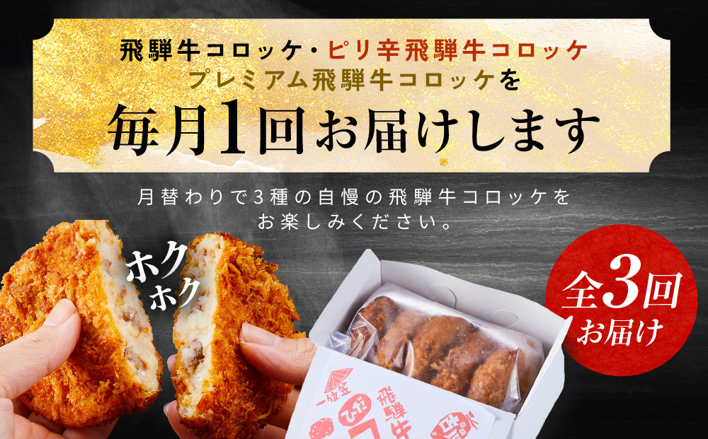 【定期便全3回】飛騨牛コロッケ食べ比べ定期便（通常・ピリ辛・プレミアム）| 大きめ 人気 食べ比べ 飛騨牛 コロッケ レンジ 揚げ調理済 飛騨高山 ひだコロッケ本舗 FU100