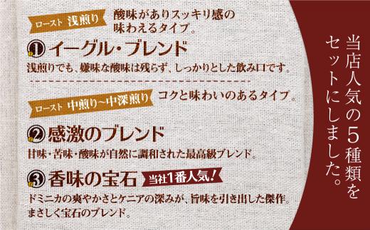 イーグルコーヒーおススメセット100g×5種【粉】自家焙煎コーヒー 自家焙煎 コーヒー コーヒー豆 ブレン コーヒー 浅煎り 中深煎り 深煎り 詰め合わせ  GT012