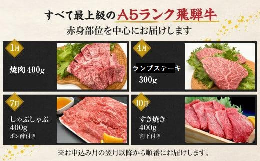 A5等級 飛騨牛  定期便 4回  (ステーキ 焼肉 しゃぶしゃぶ すき焼き)  【1月・4月・7月・10月発送】肉 黒毛和牛牛肉 ふるさと納税 定期便 スライス 人気 おすすめ 岩ト屋 HF104