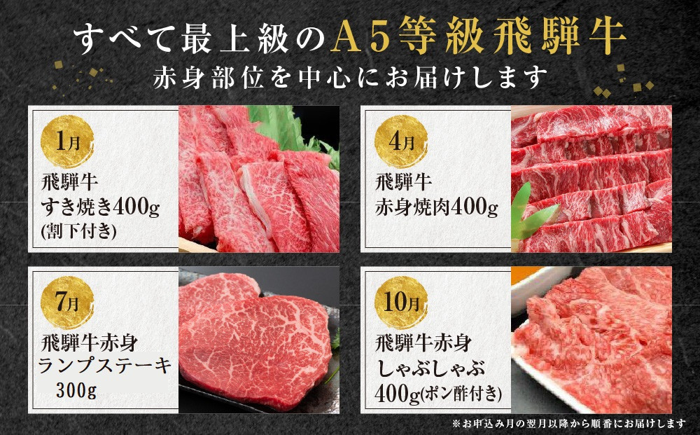 A5等級飛騨牛 定期便 4回（すき焼き／焼肉／ステーキ／しゃぶしゃぶ）【1月・4月・7月・10月発送】| 冷蔵配送 定期便 飛騨牛 赤身 年4回お届け おいしい 人気 飛騨高山 岩ト屋 HF110