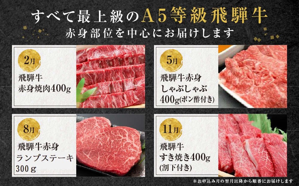 A5等級飛騨牛 定期便 4回（焼肉／しゃぶしゃぶ／ステーキ／すき焼き）【2月・5月・8月・11月発送】| 冷蔵配送 定期便 飛騨牛 赤身 年4回お届け おいしい 人気 飛騨高山 岩ト屋 HF112