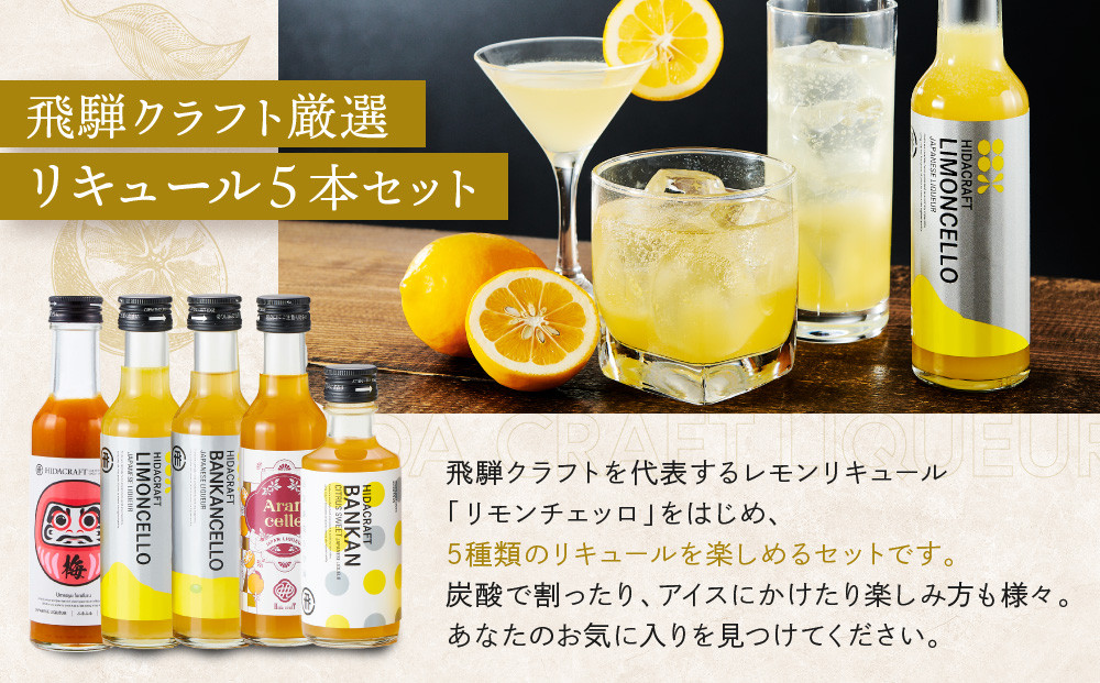飛騨クラフト 人気リキュール 飲み比べ 5本セット | リキュール レモン 梅 オレンジ 河内晩柑 カクテル サワー アイス 酒 アルコール 有限会社森瓦店 MM030