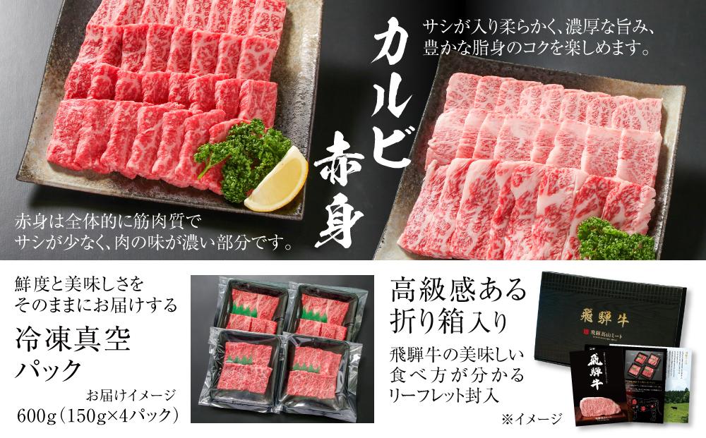 飛騨牛 焼肉 厳選2種盛（赤身・カルビ） 600g（150g×各2パック） 冷凍真空パック | 肉 お肉 焼肉 焼き肉 やきにく 黒毛和牛 和牛 個包装 小分け 人気 おすすめ 牛肉 ギフト お取り寄せ【飛騨高山ミートMZ008】