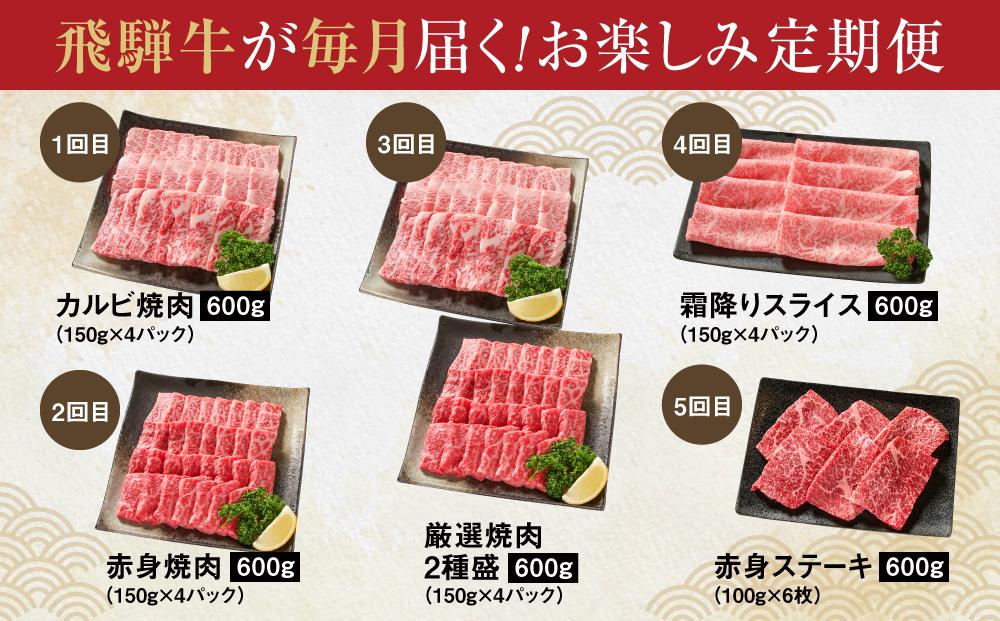 【定期便】飛騨牛 全５回（焼肉・すき焼き・ステーキ）計3kg | 焼肉 ステーキ カルビ 食べ比べ 牛 定期【飛騨高山ミート MZ100】
