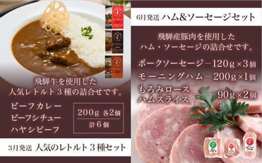 【定期便】人気のお肉レトルト商品詰め合わせ 全4回お届け | キッチン飛騨 4カ月 定期 カレー ハムセット ハンバーグ 缶詰 食品 冷凍 ビーフ ポーク カレー ビーフシチュー ハヤシビーフ 飛騨牛 老舗 名店 飛騨高山 飛騨ハム CQ100