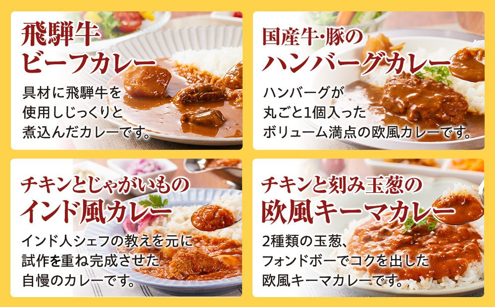 ４種のカレー食べ比べセット  180g×４袋 | レトルト 加工品 常温保存 ストック食材 防災  手軽 お手軽 個包装 レンジ 湯せん 飛騨高山牧場 HG013